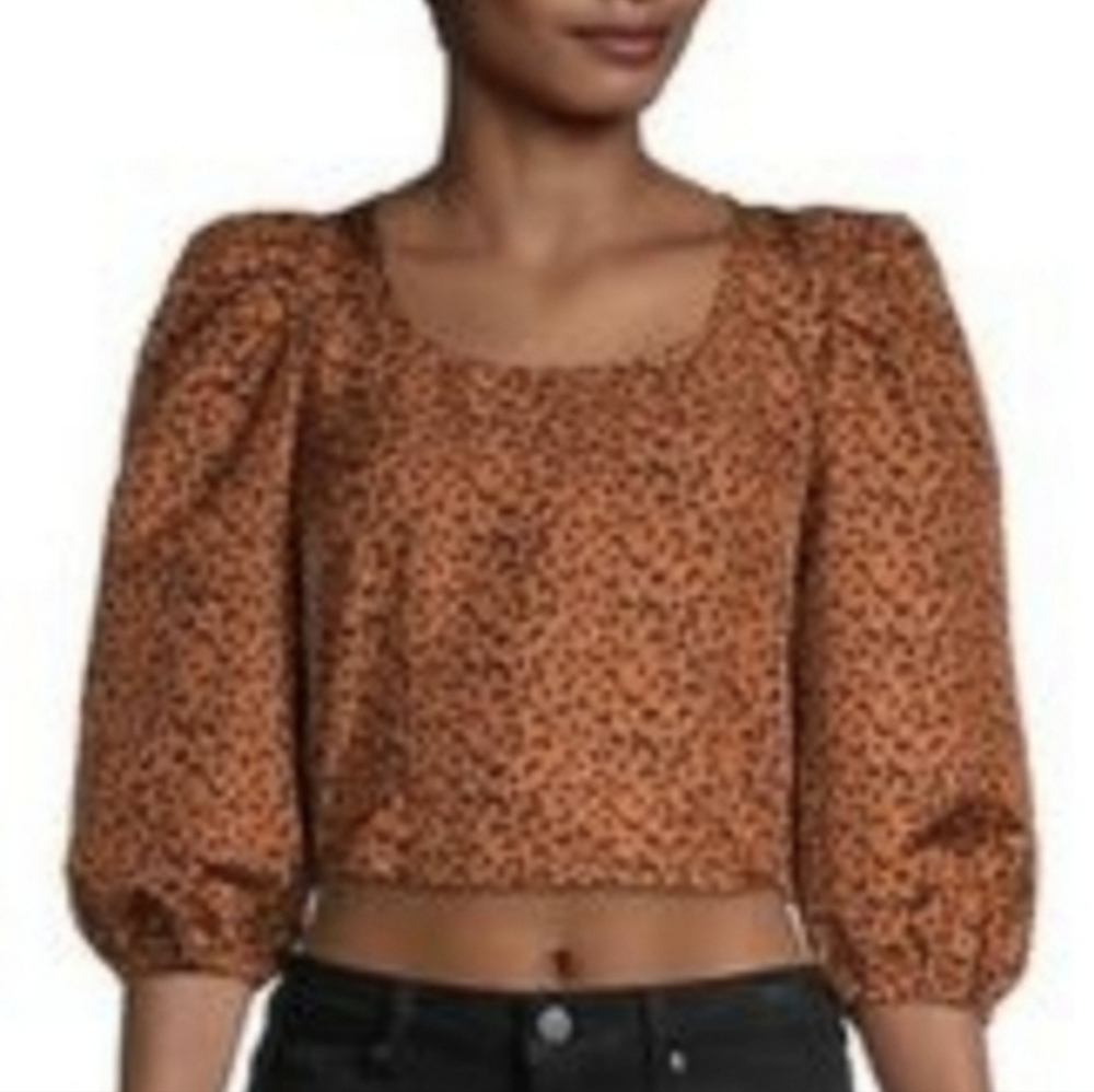 XS/S Levi's Leopard Print Cocoa Brown & Black Kaila Puff Sleeve Top - Picture 2 of 12
